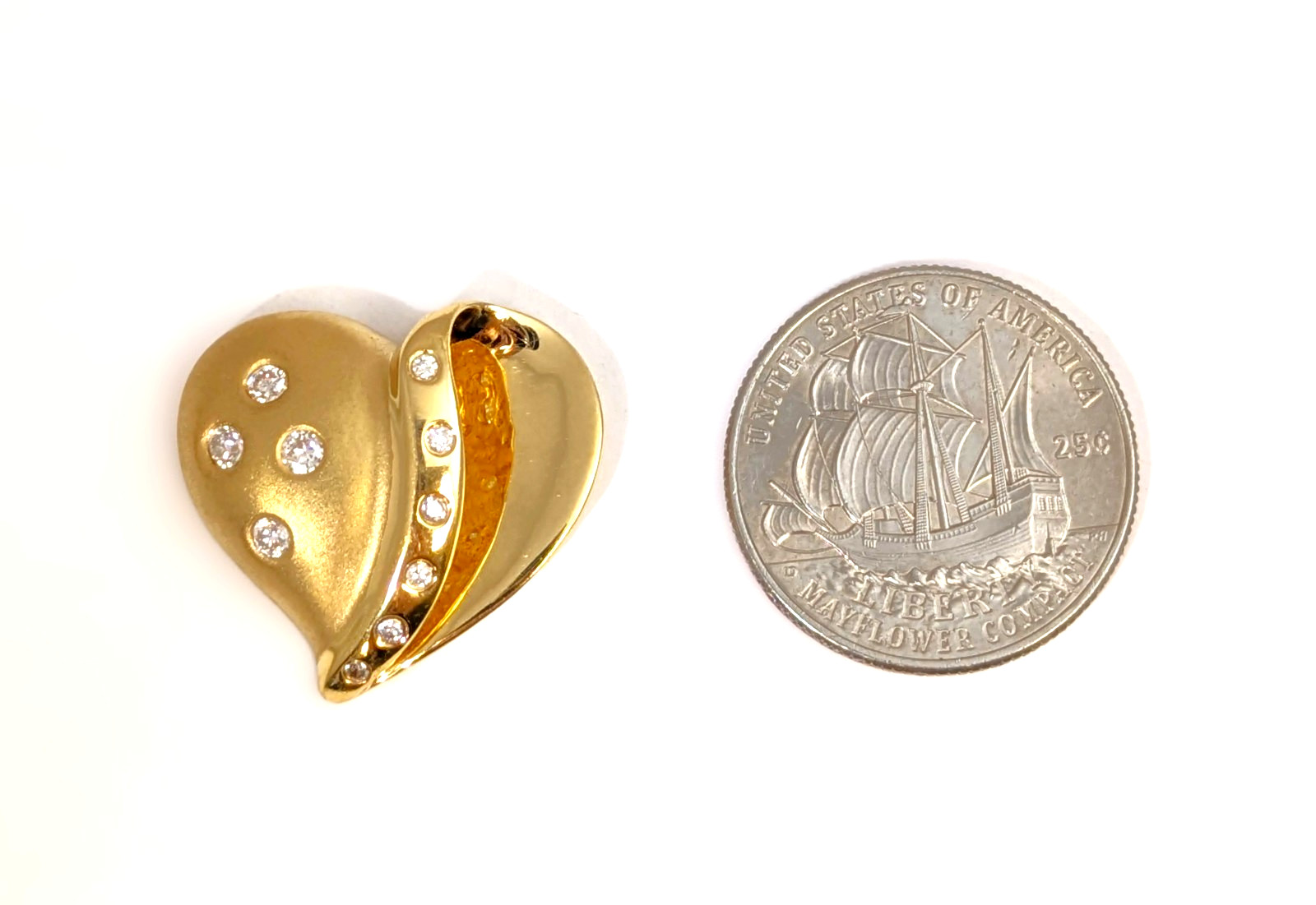 14K Gold & Diamond Heart Pendant, 1” by 7/8”