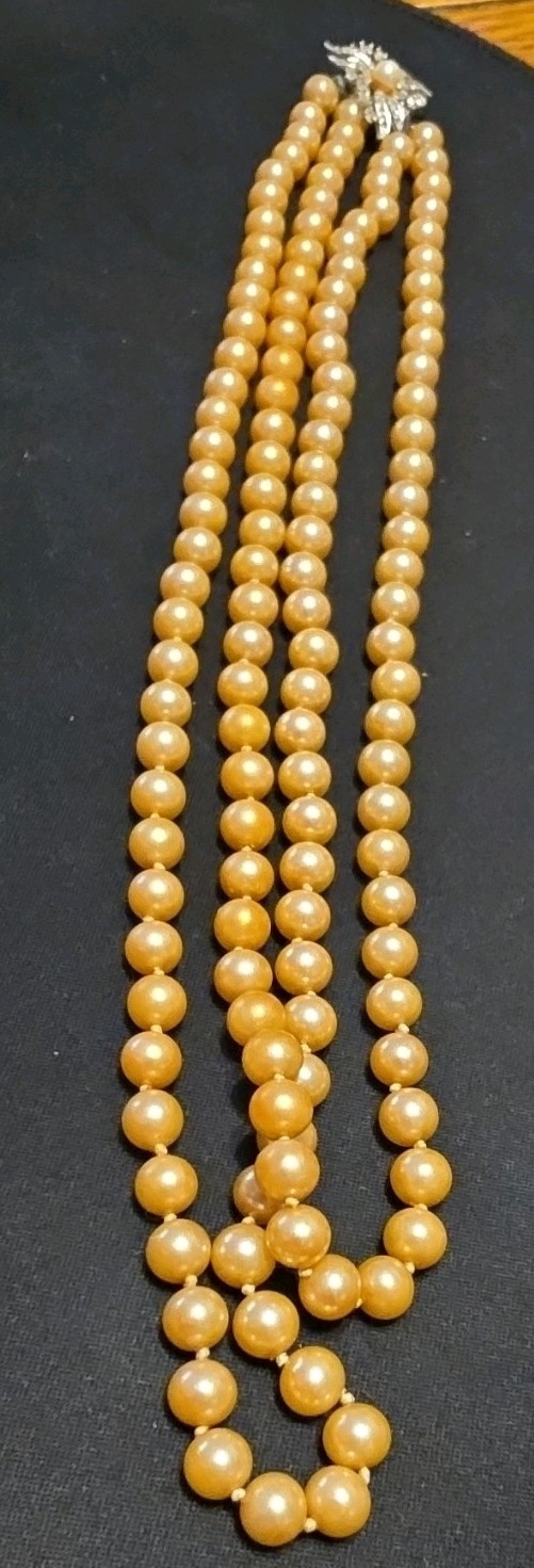 Vintage Double Strand Faux Golden Pearl Necklace 22″ Substantial 100g