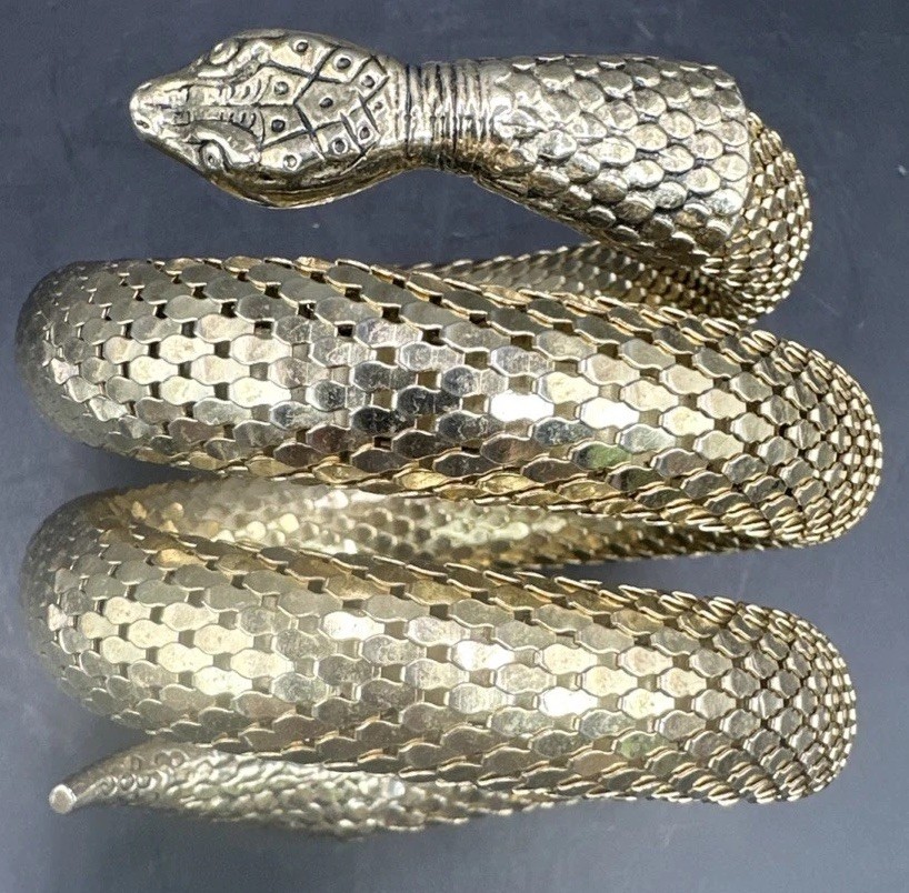 Whiting & Davis 50s 60s Gold Plated Figural Snake Coil Triple Wrap Bracelet