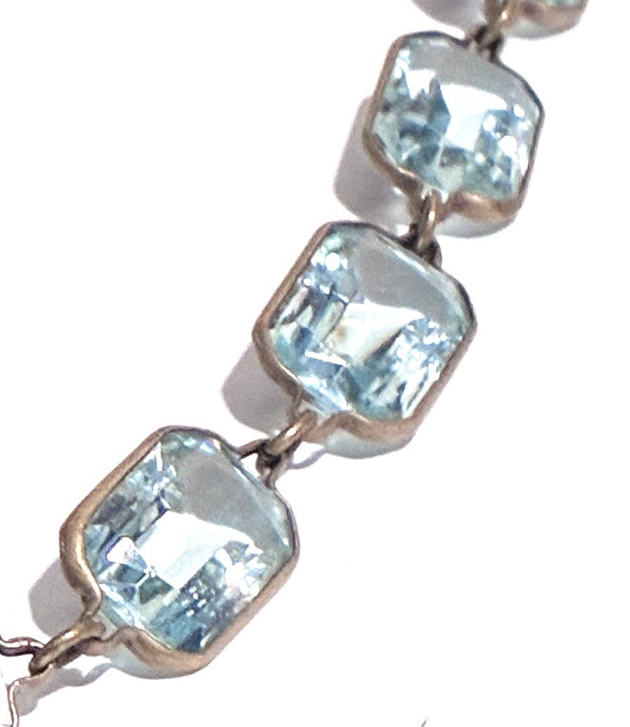 VTG CZECH Blue Bezel Set Rectangle Faceted Crystal GF Brass RIVIÈRE NECKLACE