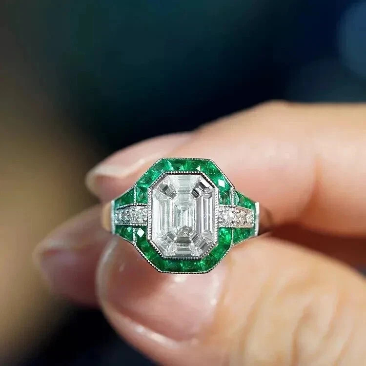 3Ct Art Deco Vintage Lab Created Diamond & Emerald 14K White Gold Plated Ring