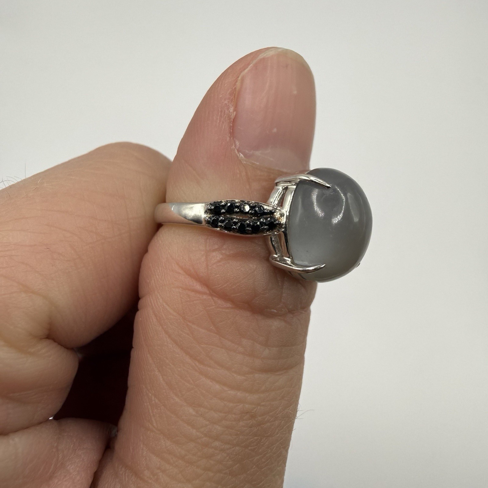 Vintage Sterling Silver 925 Gray Stone Black Rhinestone Ring Size 7.75