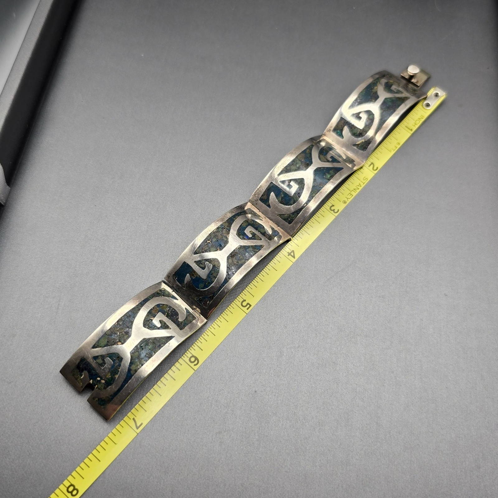 Vintage Taxco Sterling Silver Turquoise Inlay Bracelet 7″ Eagle 3 Signed AMD 30g