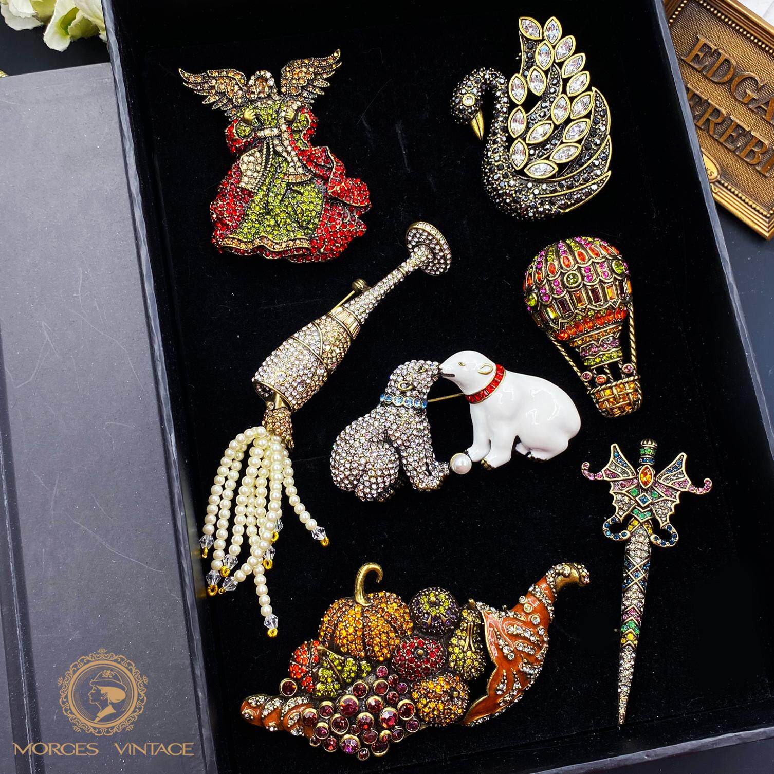 HEI Antique Gold Austrian Crystal Kingfisher Butterfly Love Heart Unicorn Brooch