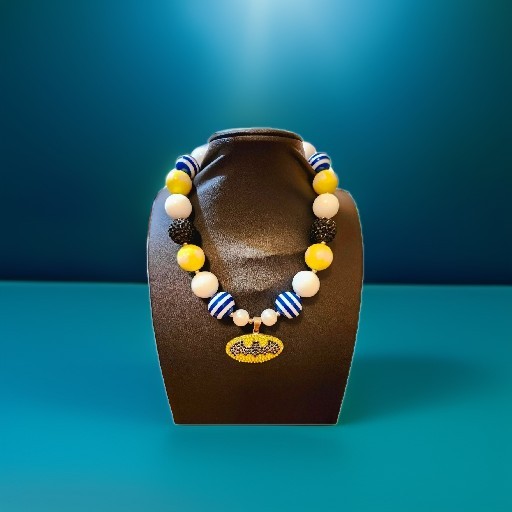 Vintage Authentic Batman Round Blue Yellow White Beaded Necklace With Pendant