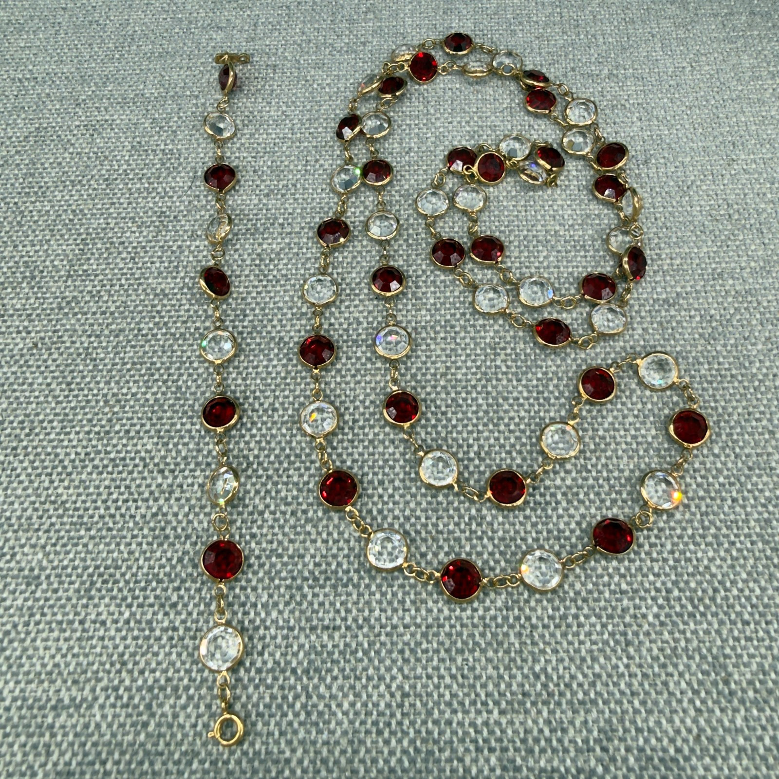 Vintage Necklace 34 Inch Bracelet Size 6.5 Red Clear Open Bezel Crystals