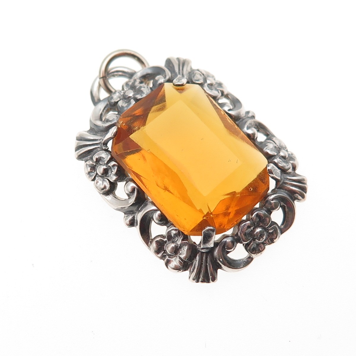 835 Silver Antique Art Deco Real Citrine Floral Oxidized Charm Pendant