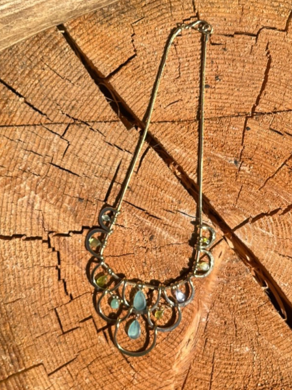 Vintage Multi Gemstone Bib Necklace Gold Tone Snake Chain Heavy Statement Drop