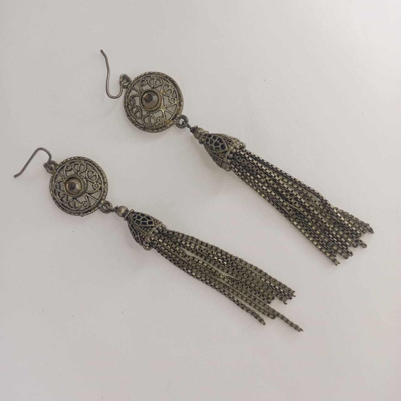 **Vintage Filigree Tassel Drop Earrings Silver Tone Statement Dangle Jewelry**
