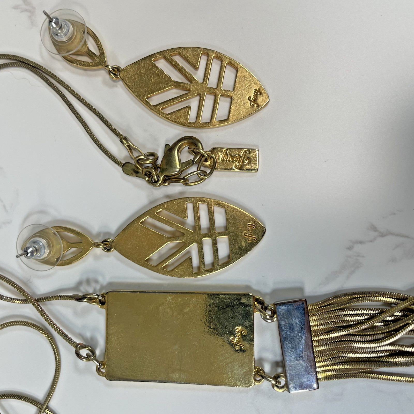 Foxy Made in Canada Gold Tone Multi Color Enamel & Fringe Pendant & Earrings Set