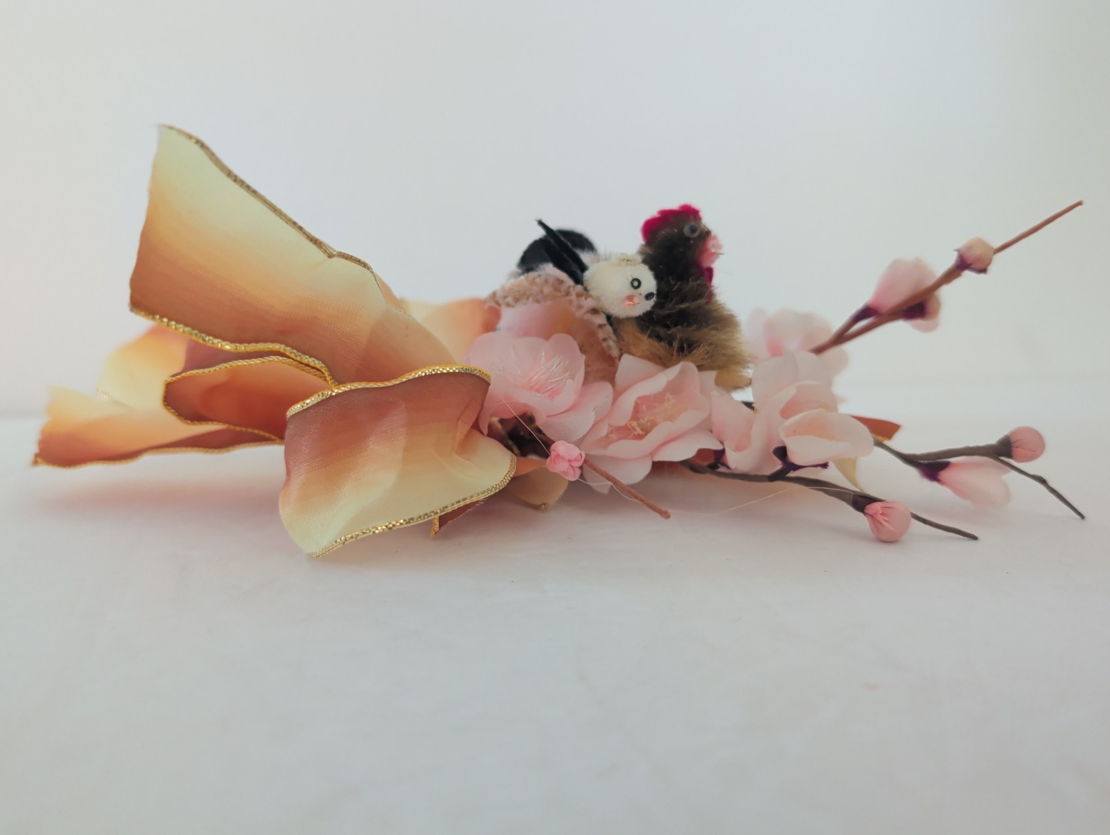 Vtg Easter Corsage Brooch Pin Chicken Hen & Chick Cherry Blossom Chenille Kitsch