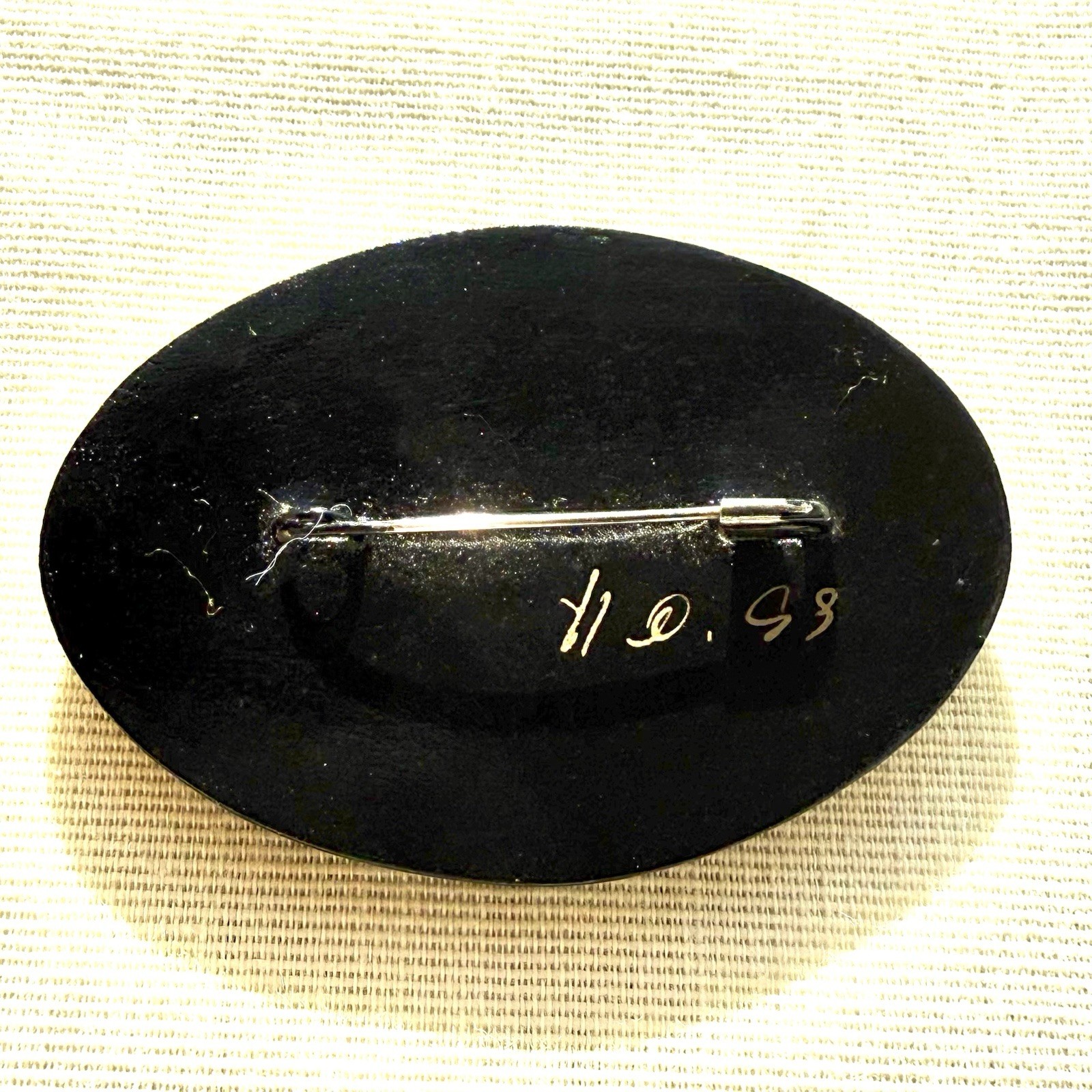 Russian Hand Painted Brooch Pin Black Lacquer Pink Rose And Forget Me Nots Vtg