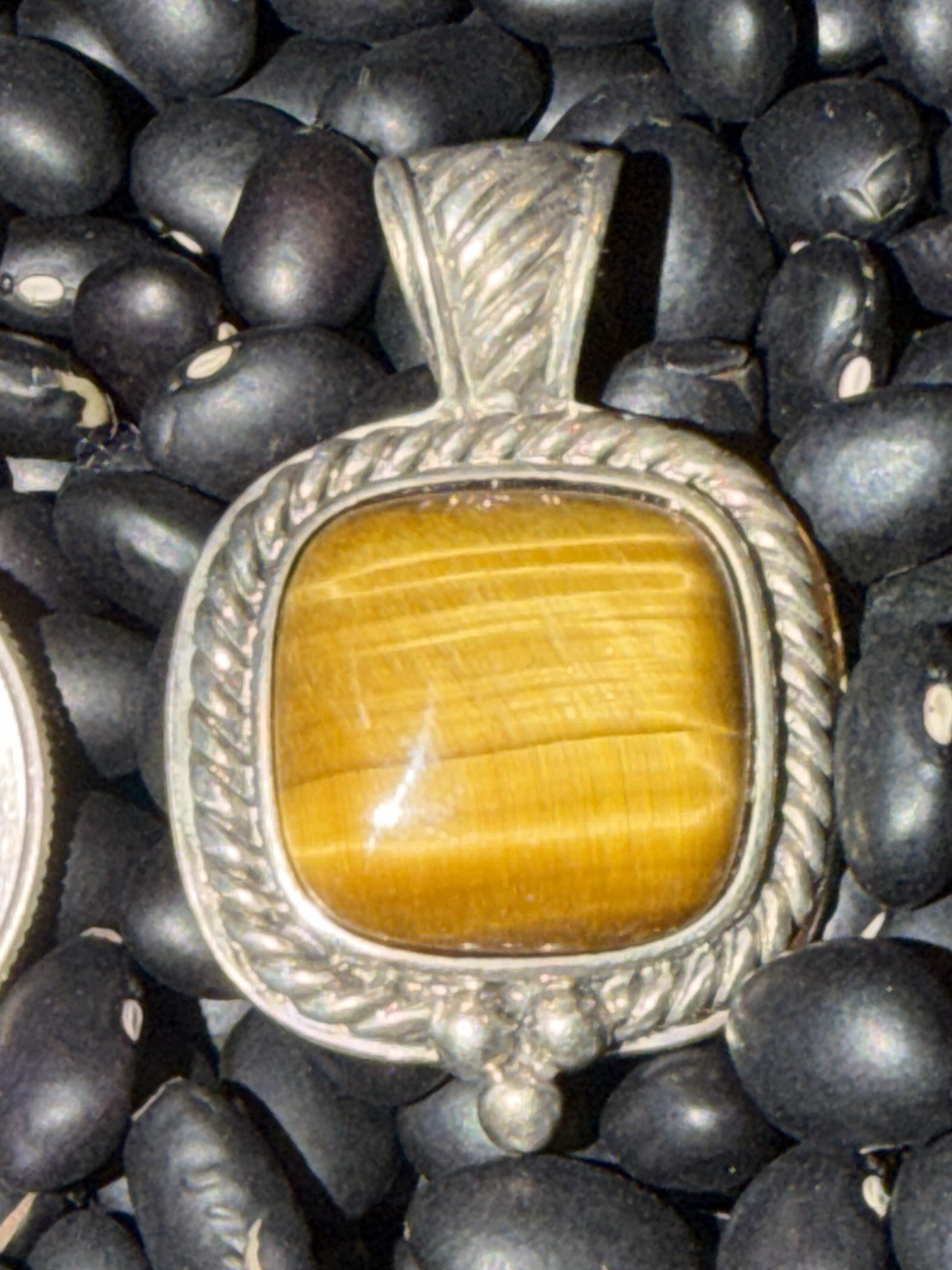 Southwestern Style Tiger’s Eye Beaded Rope Pendant Sterling Silver 1 3/8″ Taxco