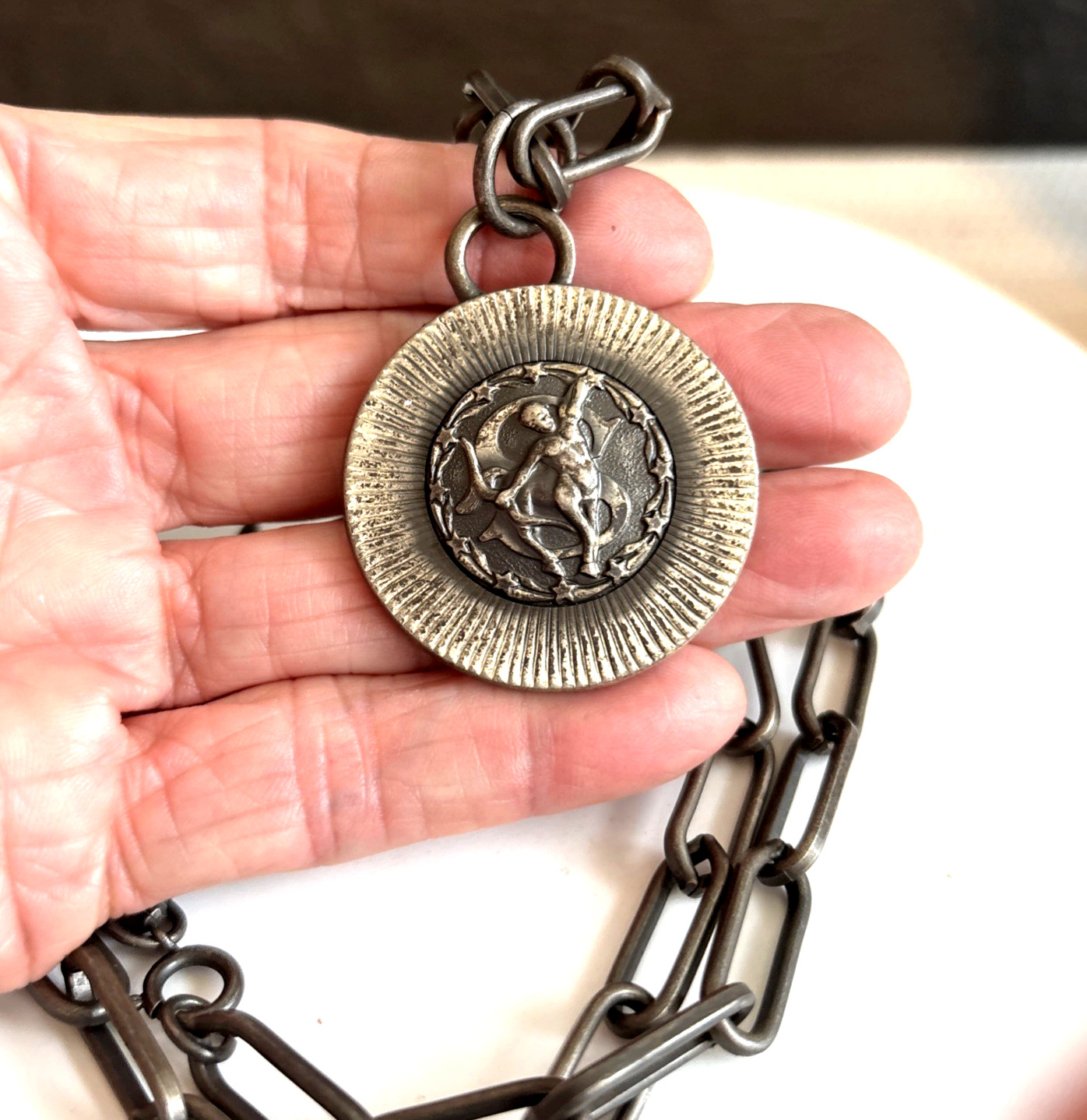 Vintage Unisex Sarah Coventry Zodiac Sign Sagittarius Pewter Pendant Necklace