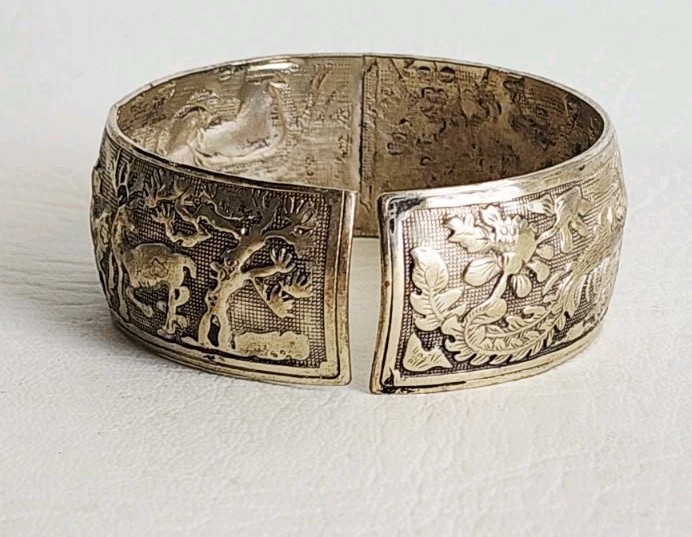 Miao Silver Tone Bangle with repoussé Depicting Birds and Deer In Nature Vintage