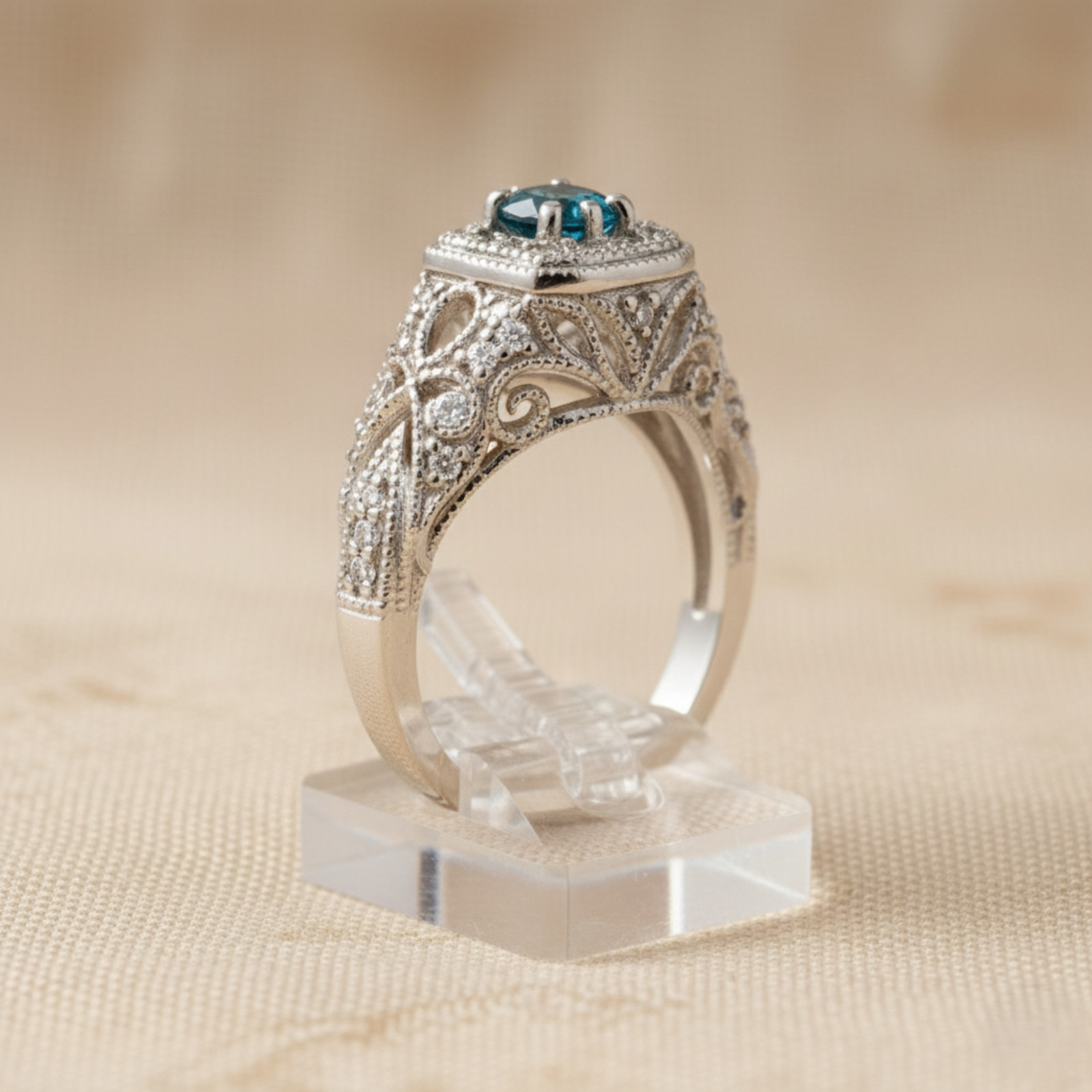 Filigree Art Deco Vintage Inspire Classic Wedding Ring 925 Silver Aquamarine CZ