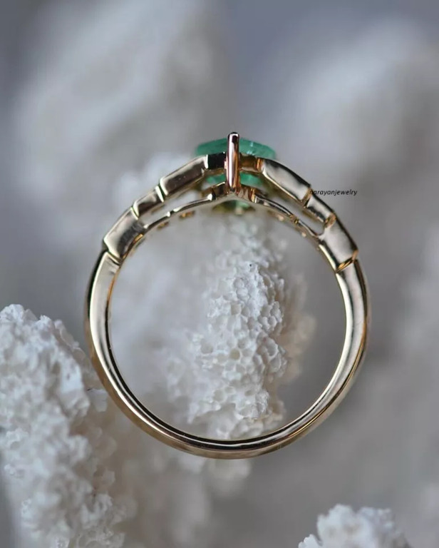 3Ct Lab Created Green Emerald Solitaire Engagement Ring 14K Yellow Gold Finish