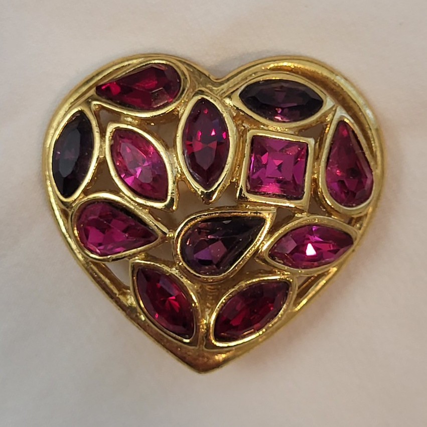 Yves Saint Laurent Gold Heart Clip-On With Pink And Red Stones