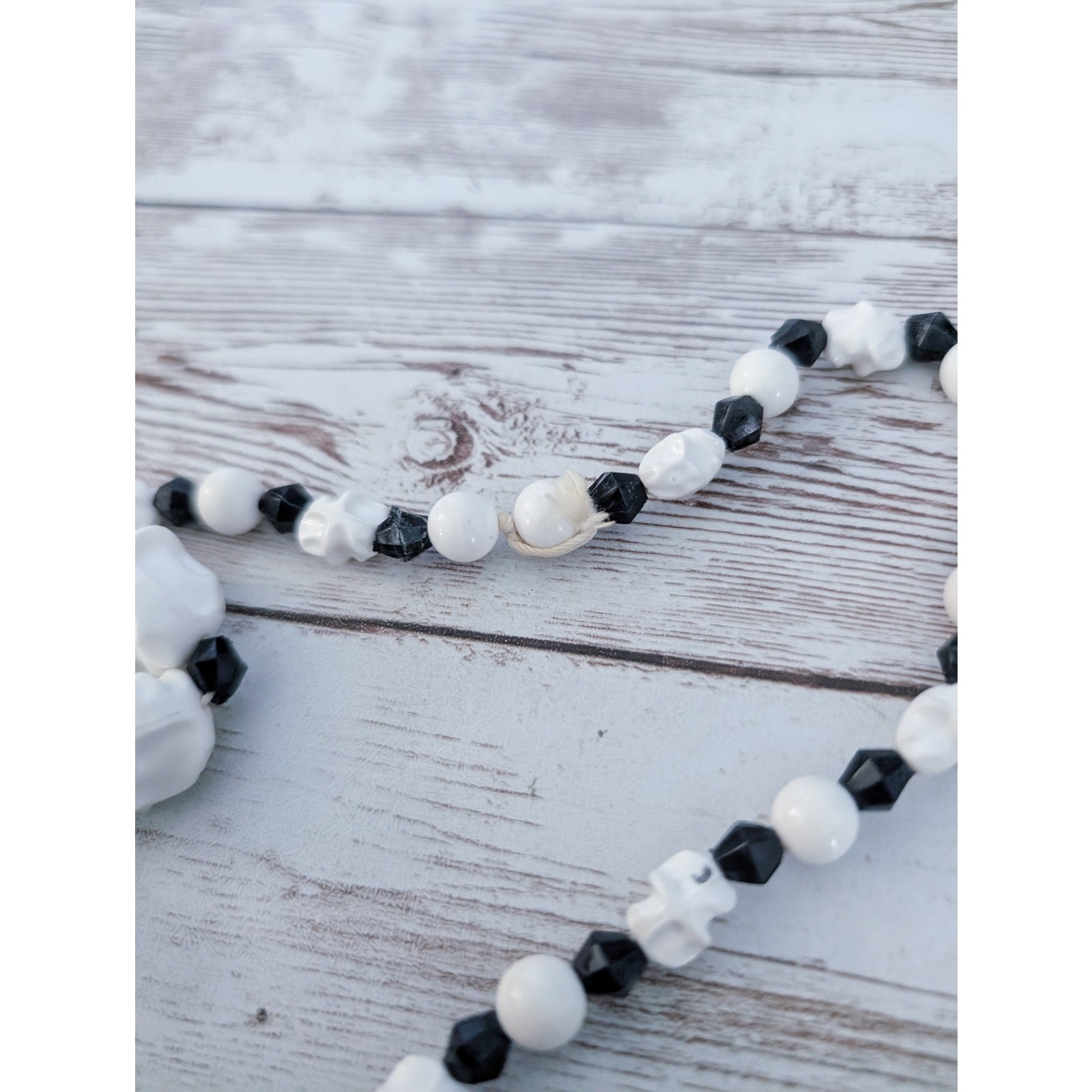 Vintage Necklace Statement Unusual Cream & Black Very Long Can Be Layered