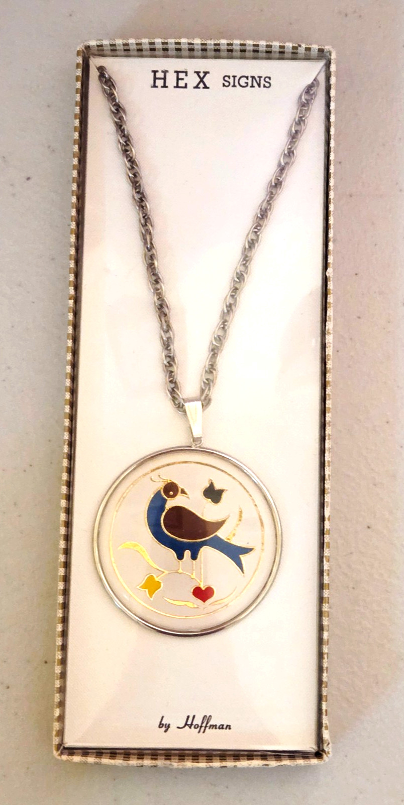 Vintage Hoffman Hex Signs Peacock Necklace by Hoffman with Box 24″