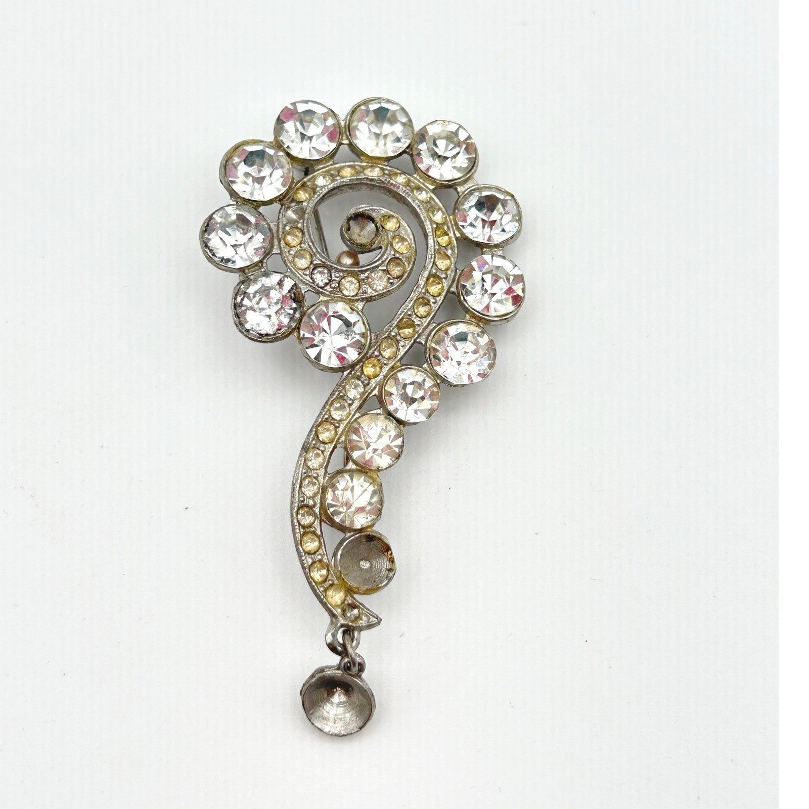 Vintage 1940s Pot Metal Rhinestone Brooch Pin Swirl Dangle Drop As Is