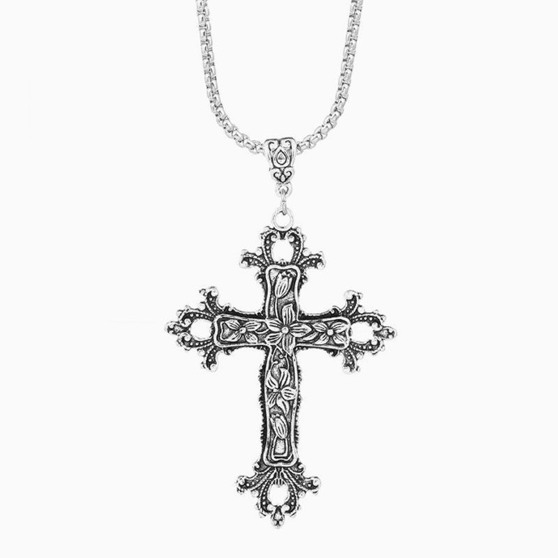 Gothic Vintage Large Trendy Silver Flower Cross Stainless Steel Necklace