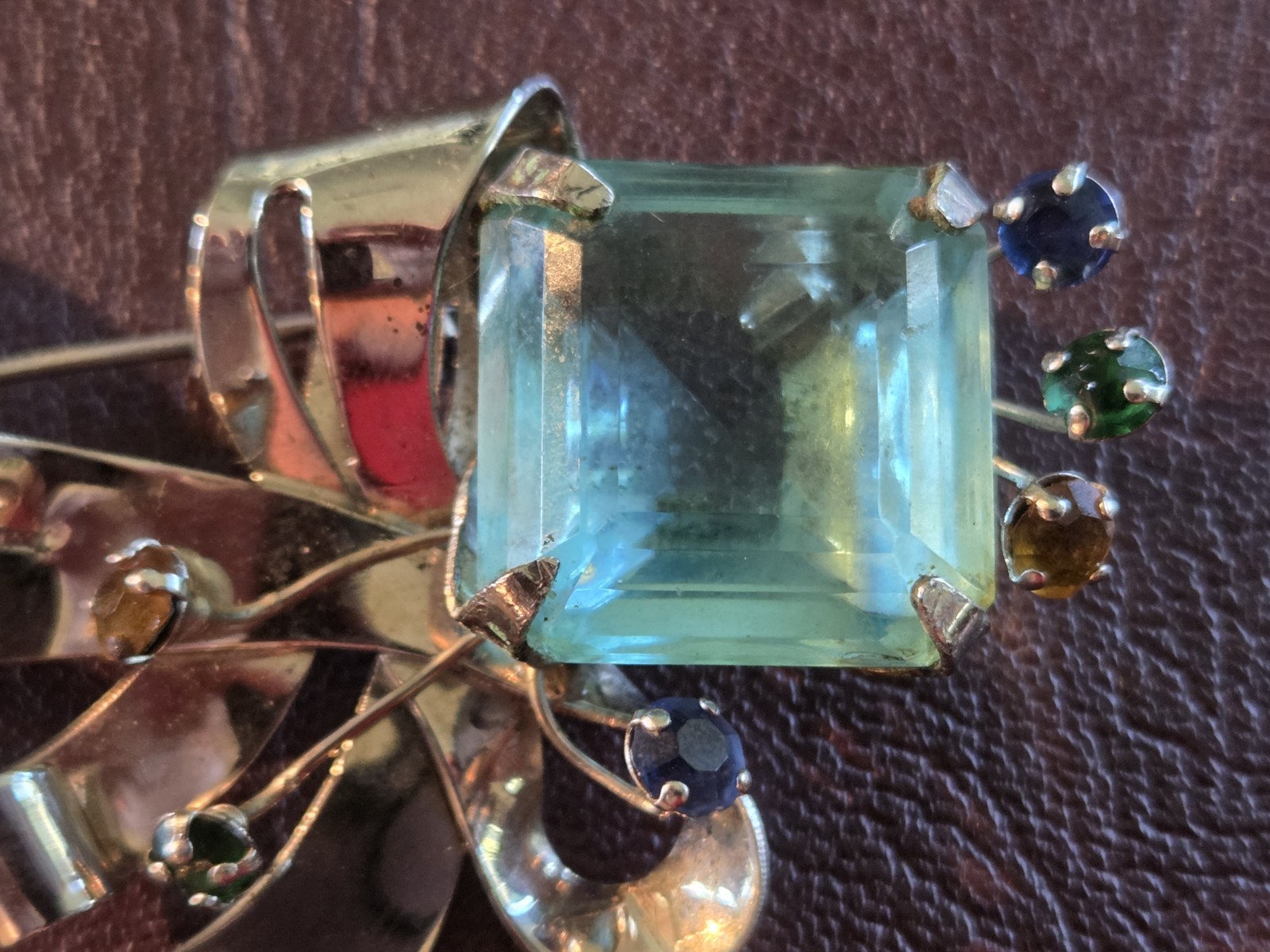 1940s Unsigned Glamourous Sterling Silver 4″ Brooch w/ Large Aqua Stone