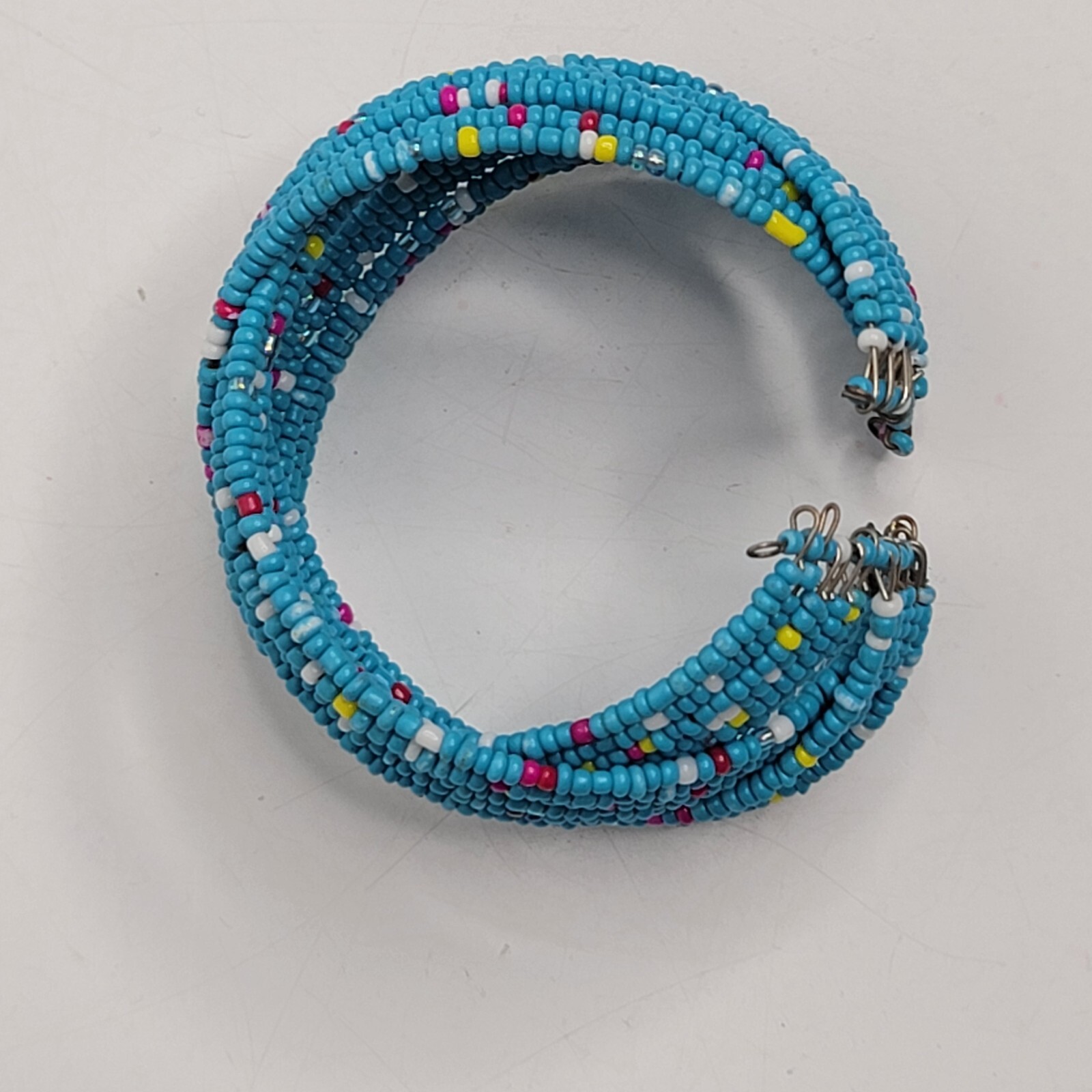 Wide Seed Bead Wrap Bracelet Open Cuff Blue Cultural Southwestern