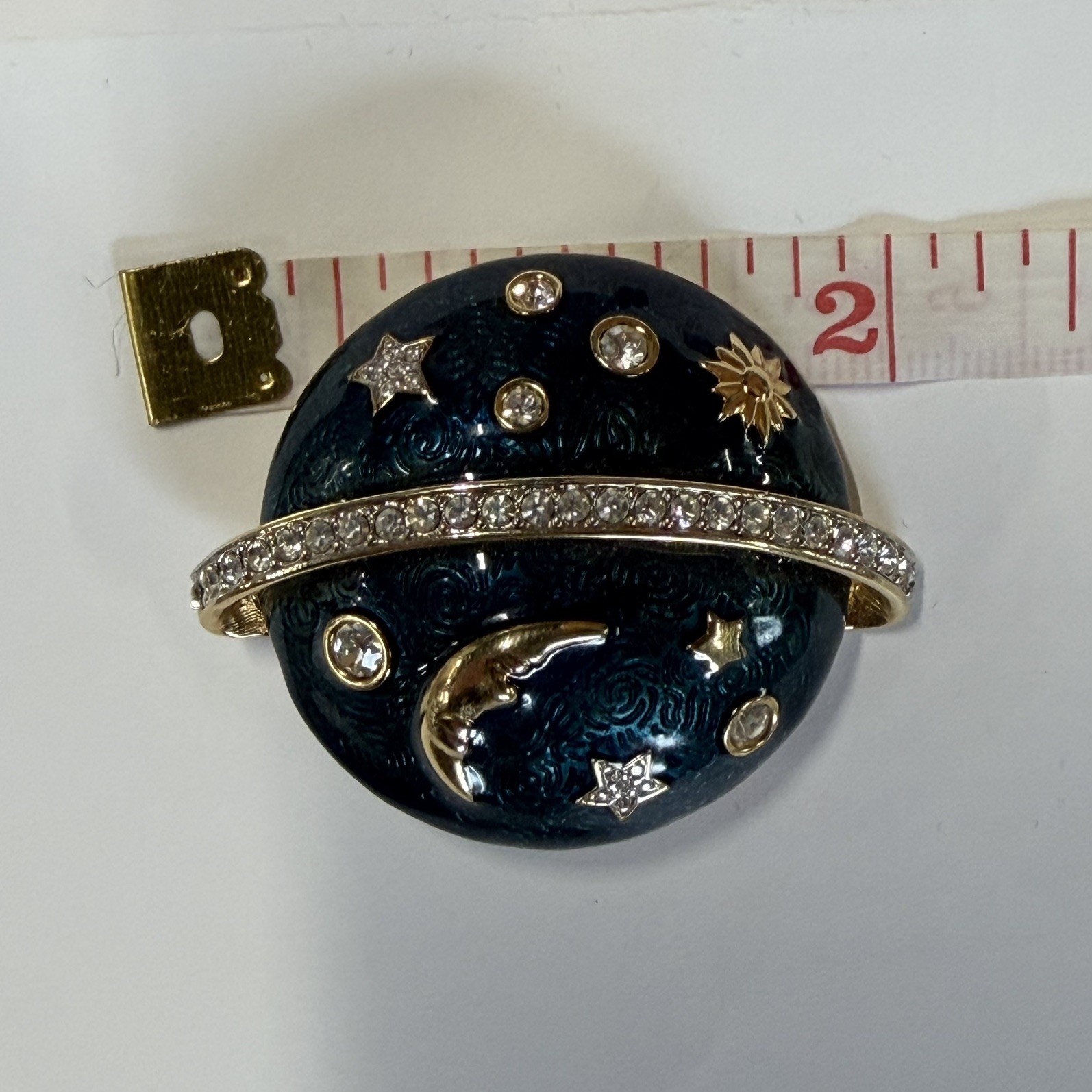 Swarovski Celestial Moon & Stars Blue Enamel, Signed Crystal Dome Brooch Pin.