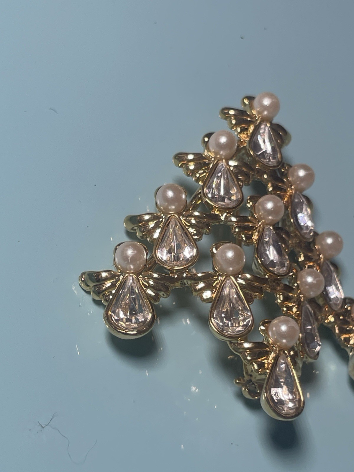 Vintage Christmas Angel Tree Brooch Gold Tone Faux Pearl Rhinestone Holiday Pin