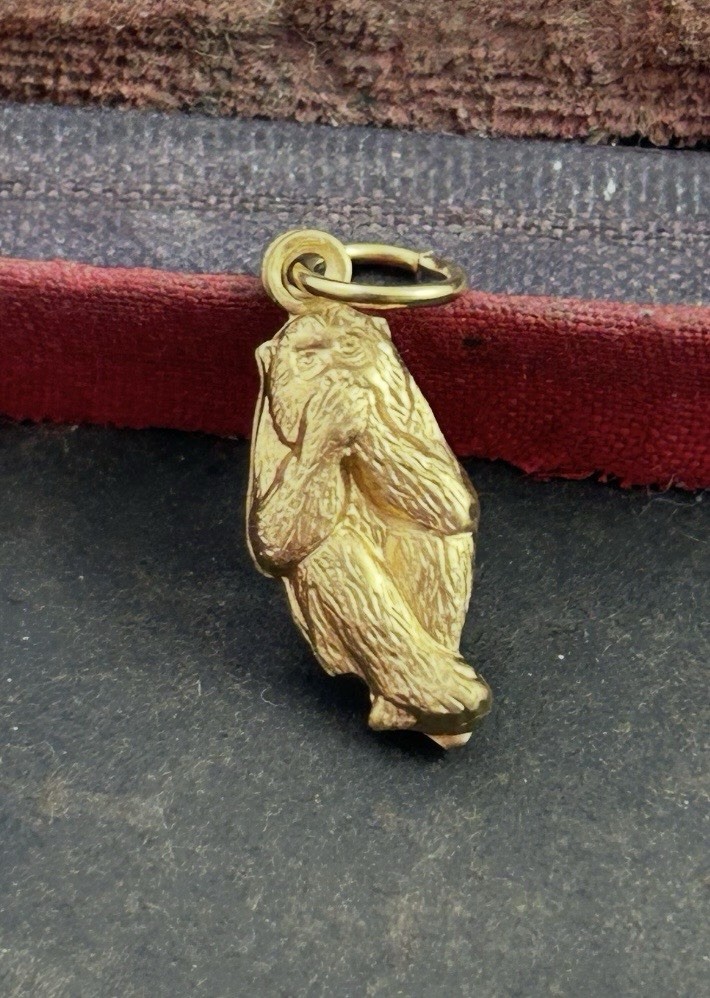 Vintage Charm Speak No Evil Monkey Necklace Pendant Puffy Brass Metal Jewelry