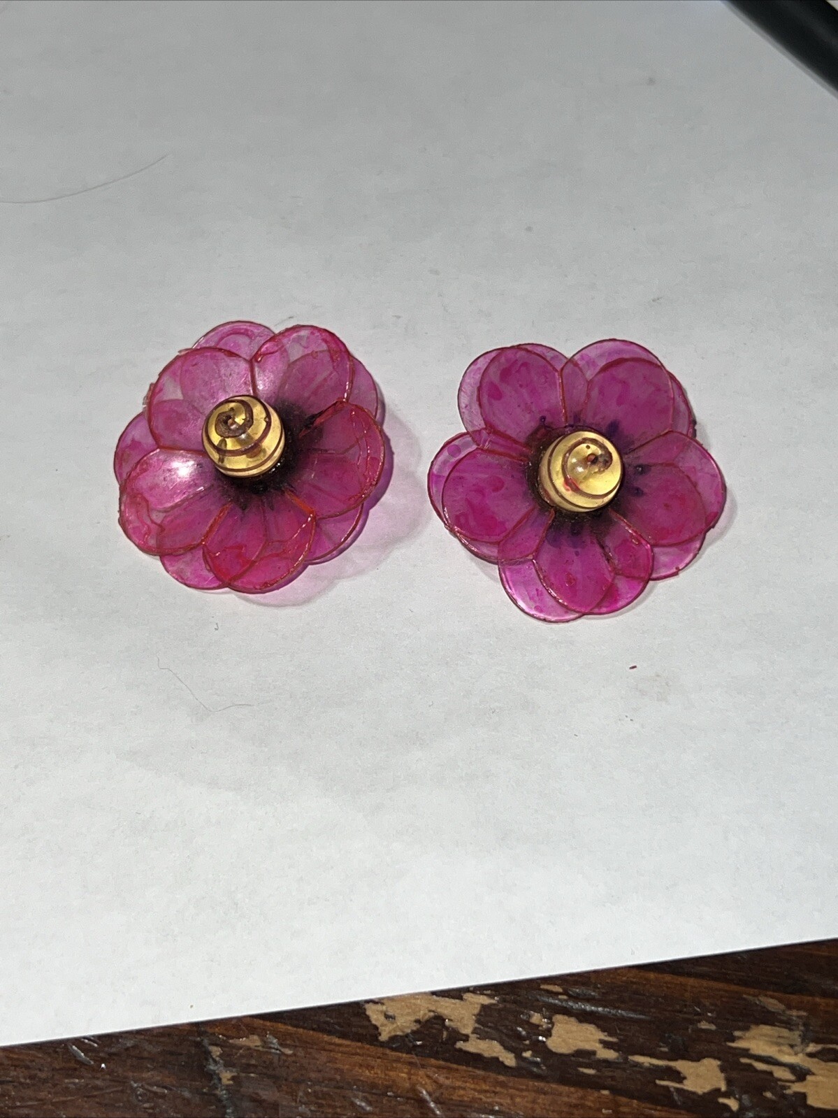 VTG Pink Acetate Flower Clip-on Earrings Marked Japan