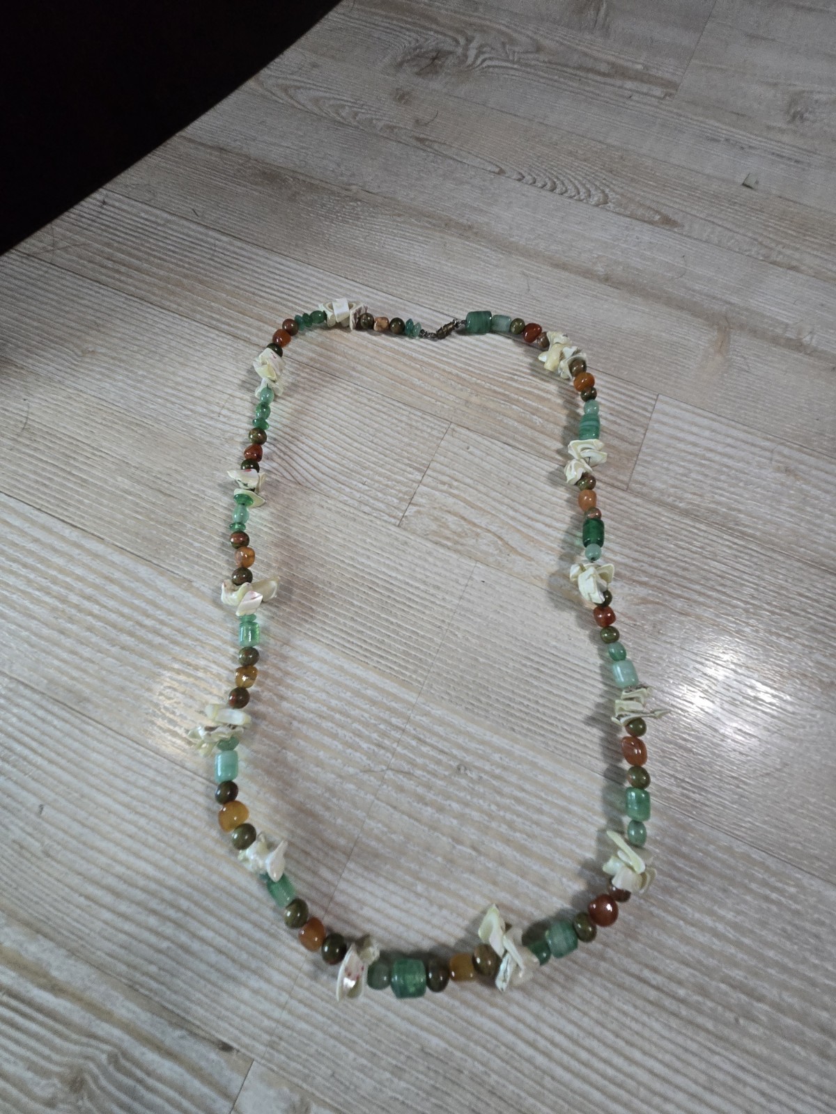 Vintage Boho Beaded Necklace Green Agate, Amber Brown Stone & Shell