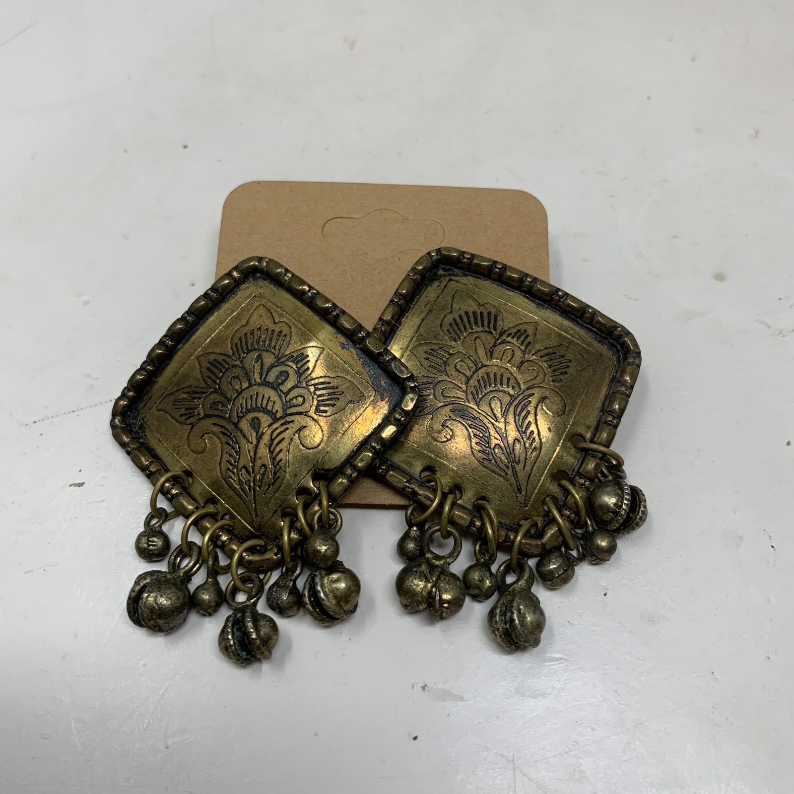 Vintage 1980’s Brass Etched Jhumka Dangle Bell Earrings Tribal Festival Indian