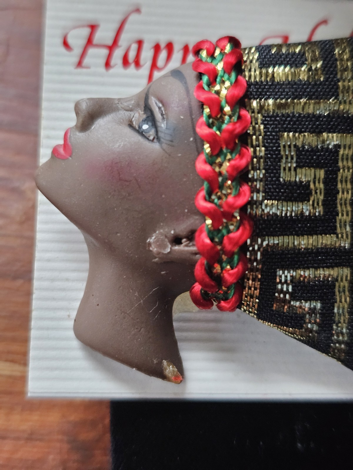 Vtg Brooch Fashion Jewelry African Woman Face Head Pin Kente Wrap Holiday