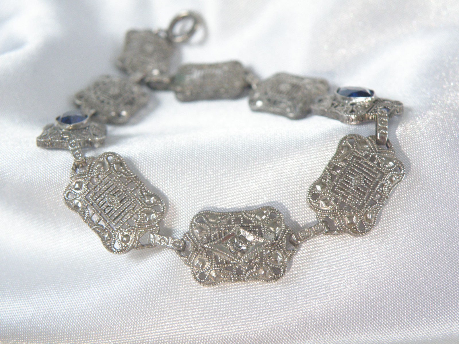 Art Deco Sterling Silver Sapphire Paste Filigree Station Antique Bracelet 7.5″