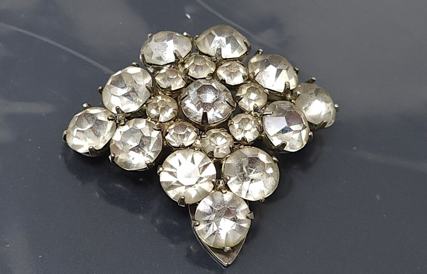 Vintage White Rhinestone Silver tone Clip on Brooch