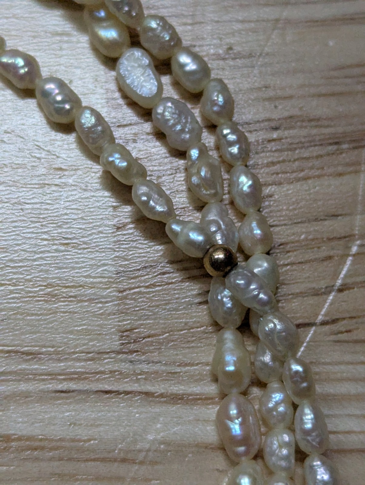 Vintage Freshwater Rice Pearl Marked “14K stamp” Gold Spacers 3-Strand Necklace