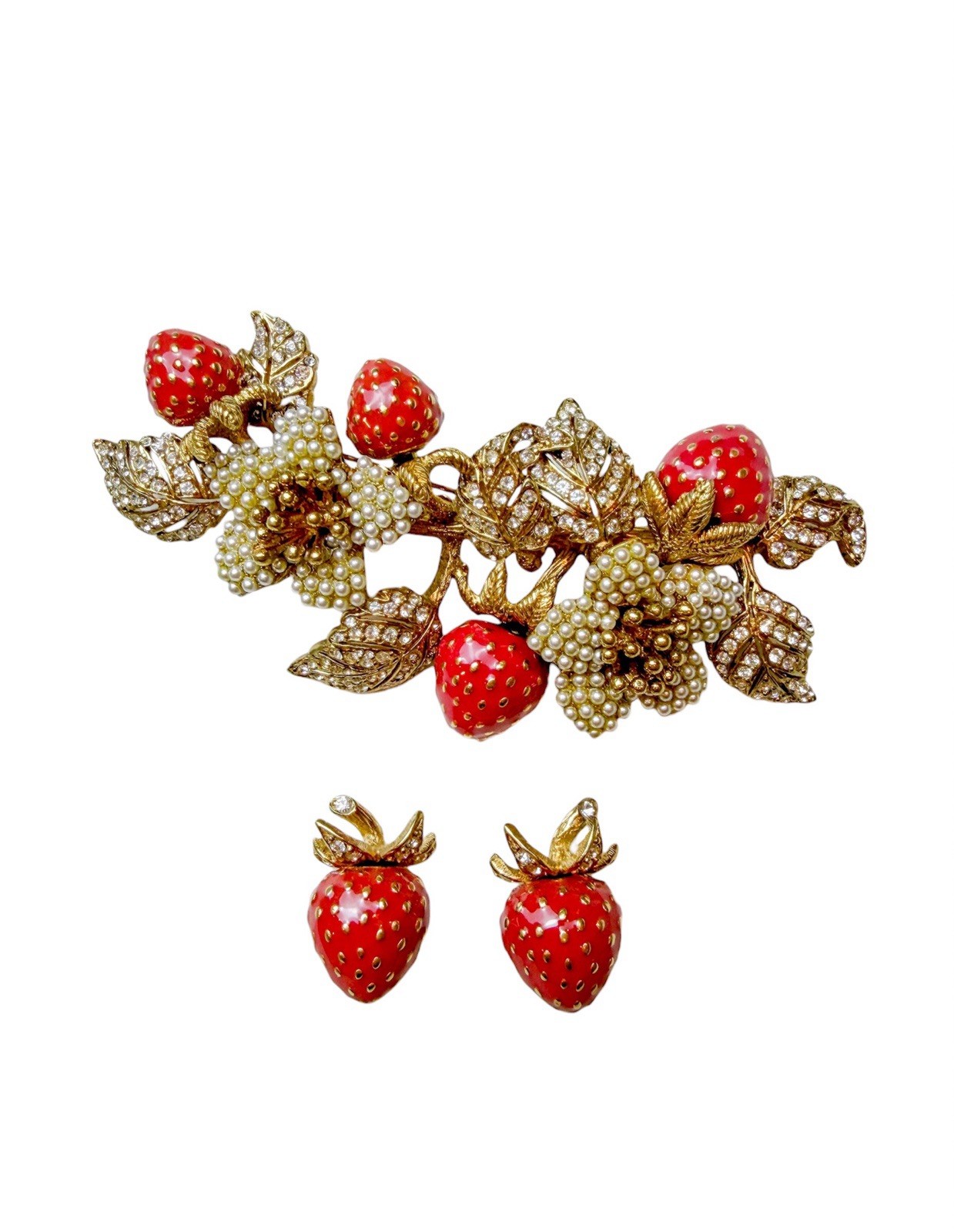 CINER 18K Gold Plated Enamel & Pavé Crystal Berry Inspired Brooch & Earrings