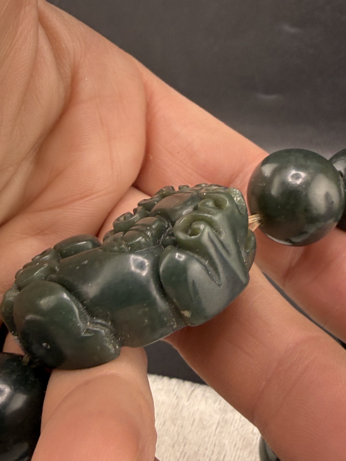 Pixiu Bracelet Green Carved Beads Stretch Band Feng Shui 8″