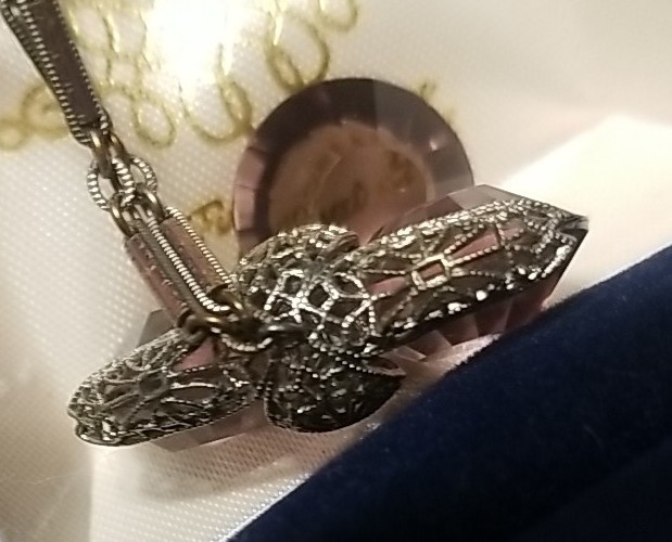 Art Deco Necklace, Purple Paste Glass, Silver & Brass Filigree, 18 Inch Chain