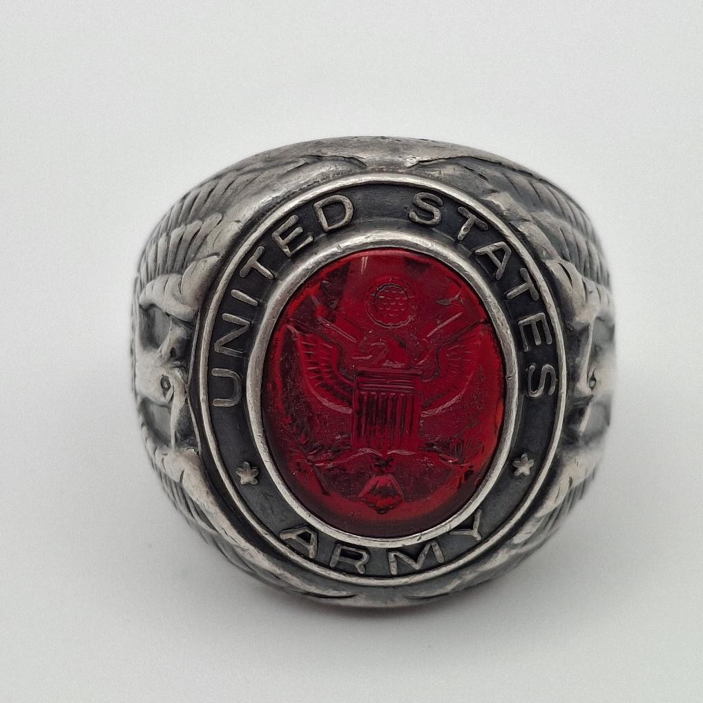 Vintage 925 Sterling Silver US Army Seal Red Intaglio Glass Signet Ring Size 7.5
