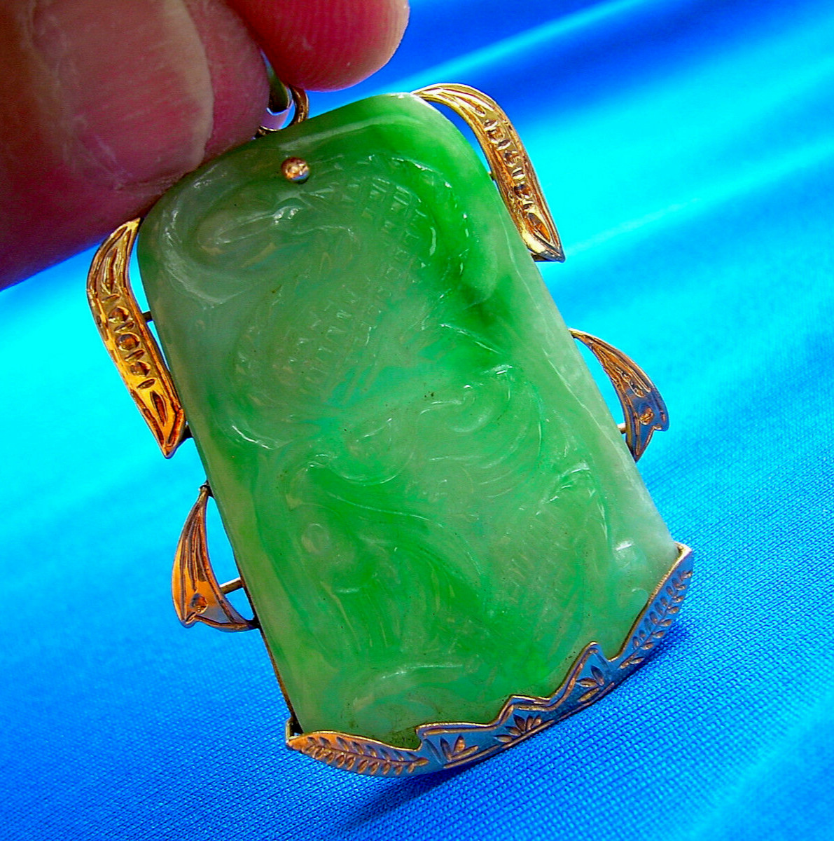 Original EARTH MINED Antique Green JADE DRAGON Pendant 14K GOLD Deco Luck Gift