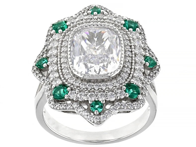 Floral Cluster Design 7.9TCW Green Spinel With Rectangle Cushion & Round CZ Ring
