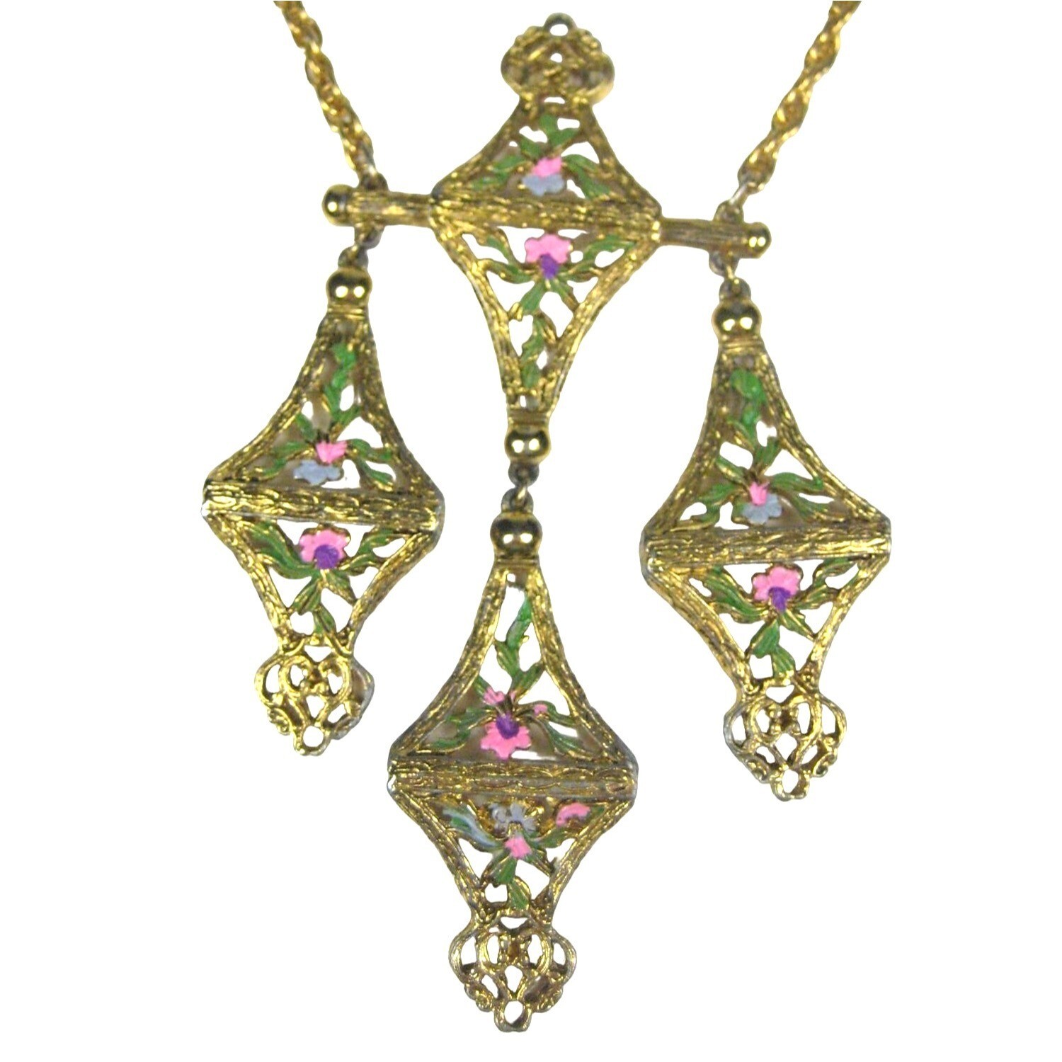 Enamel Floral Dangle Pendant Necklace 21 in Goldtone Multi Strand Chain Vintage