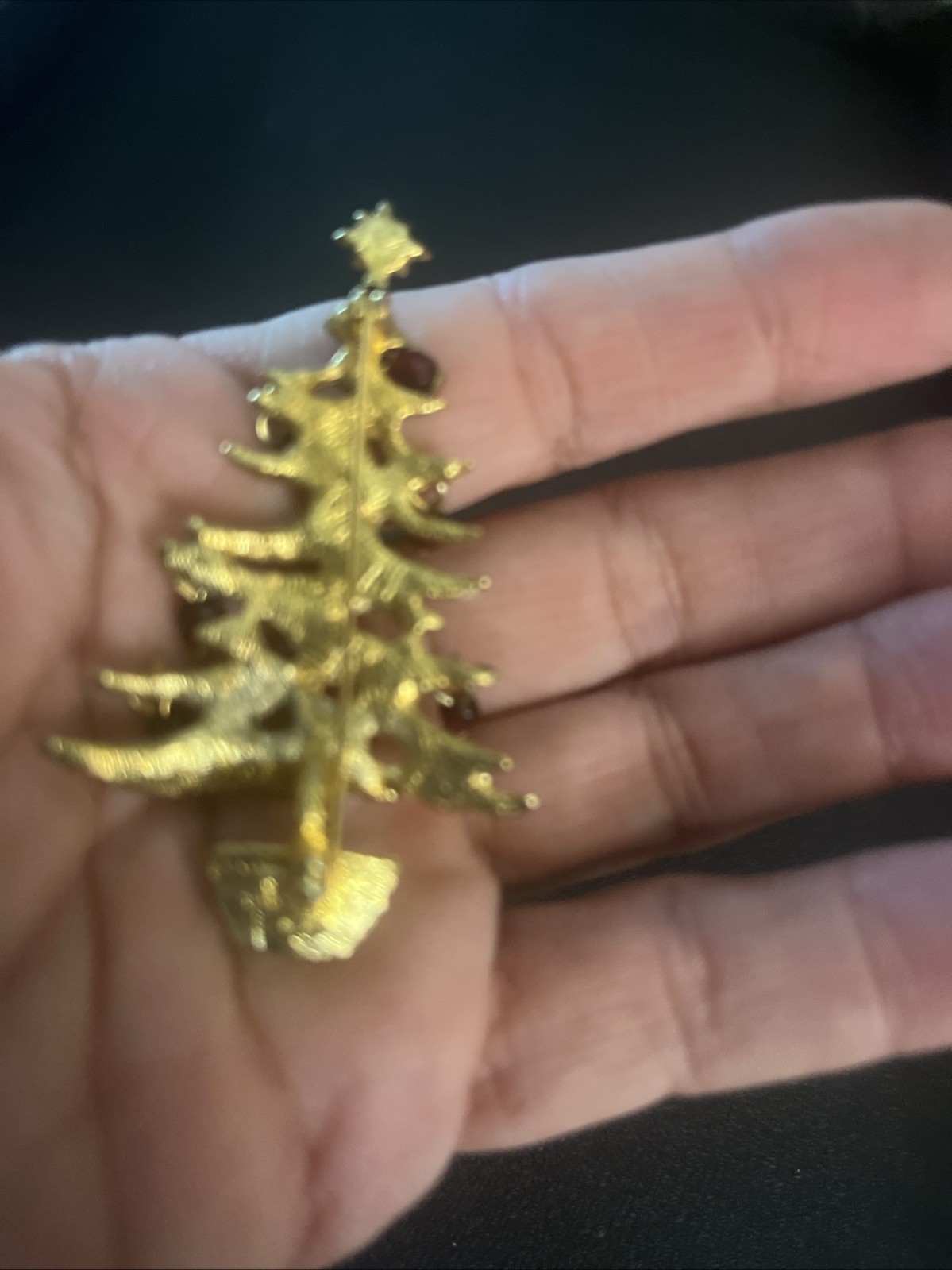 Avon Green Enamel Red Crystal Dangle Ornament Gold Tone Christmas Tree Brooch