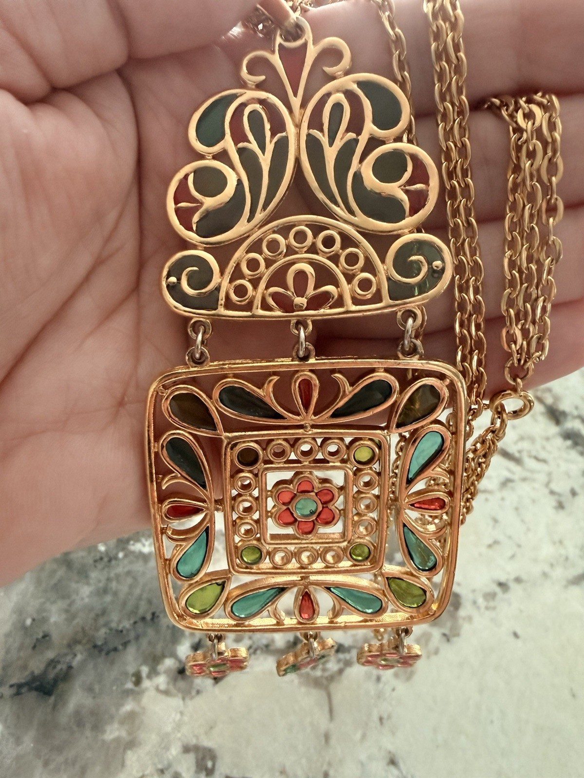 Trifari Plique a Jour Necklace Gold Tone Red Green Stained Glass Pendant Vintage