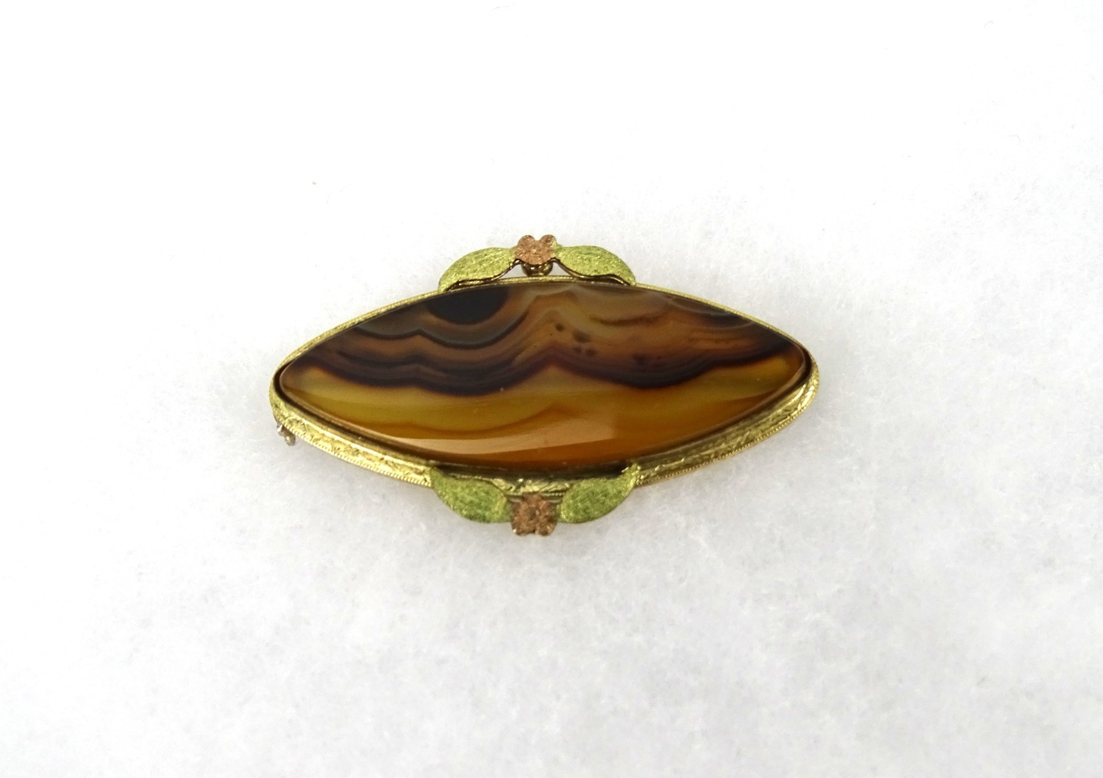 Vintage Banded Agate Brooch, Gold-tone Setting, Elongated Oval