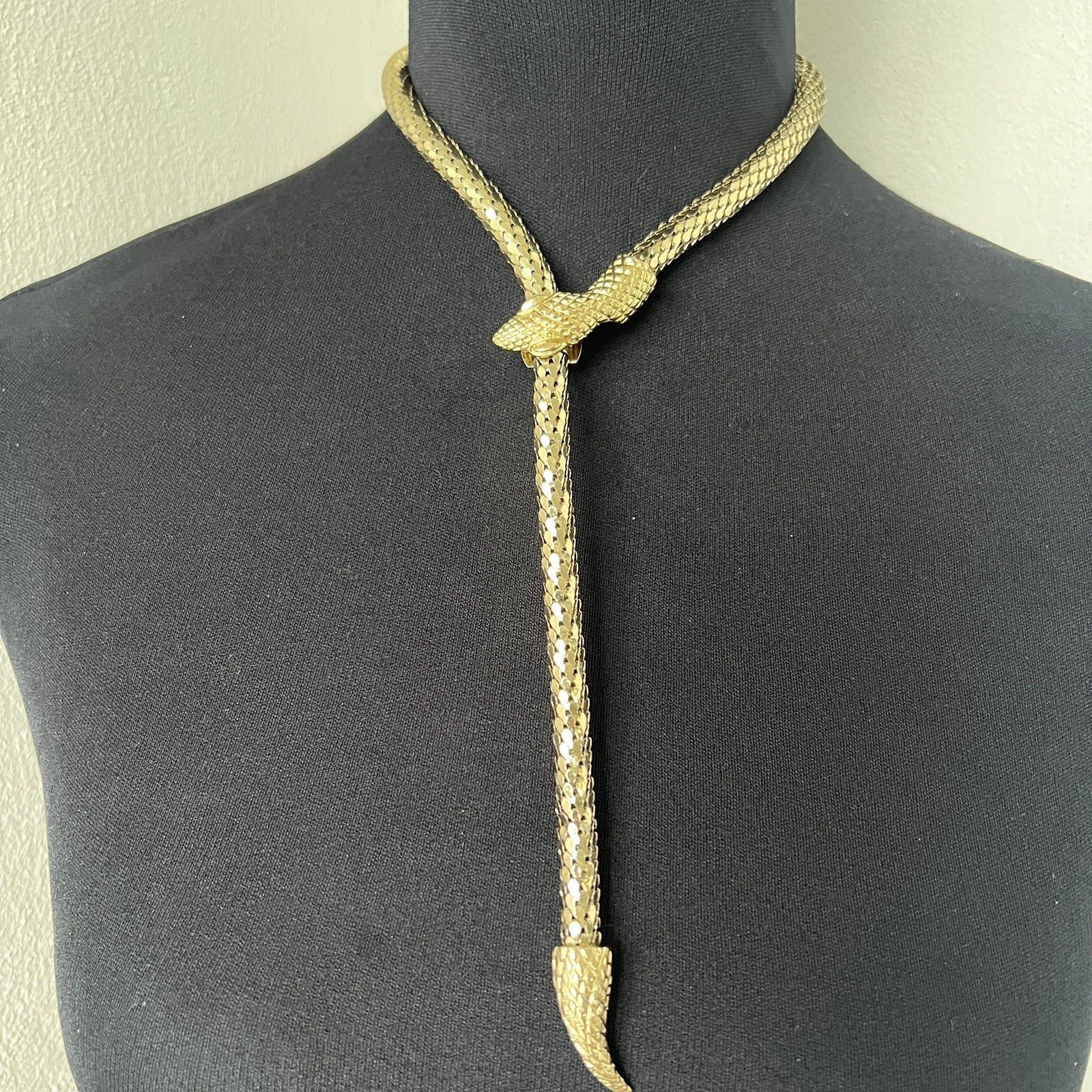 Whiting & Davis Mesh Snake Lariat Necklace in Gold Rare Diamond Crosshatch Vtg