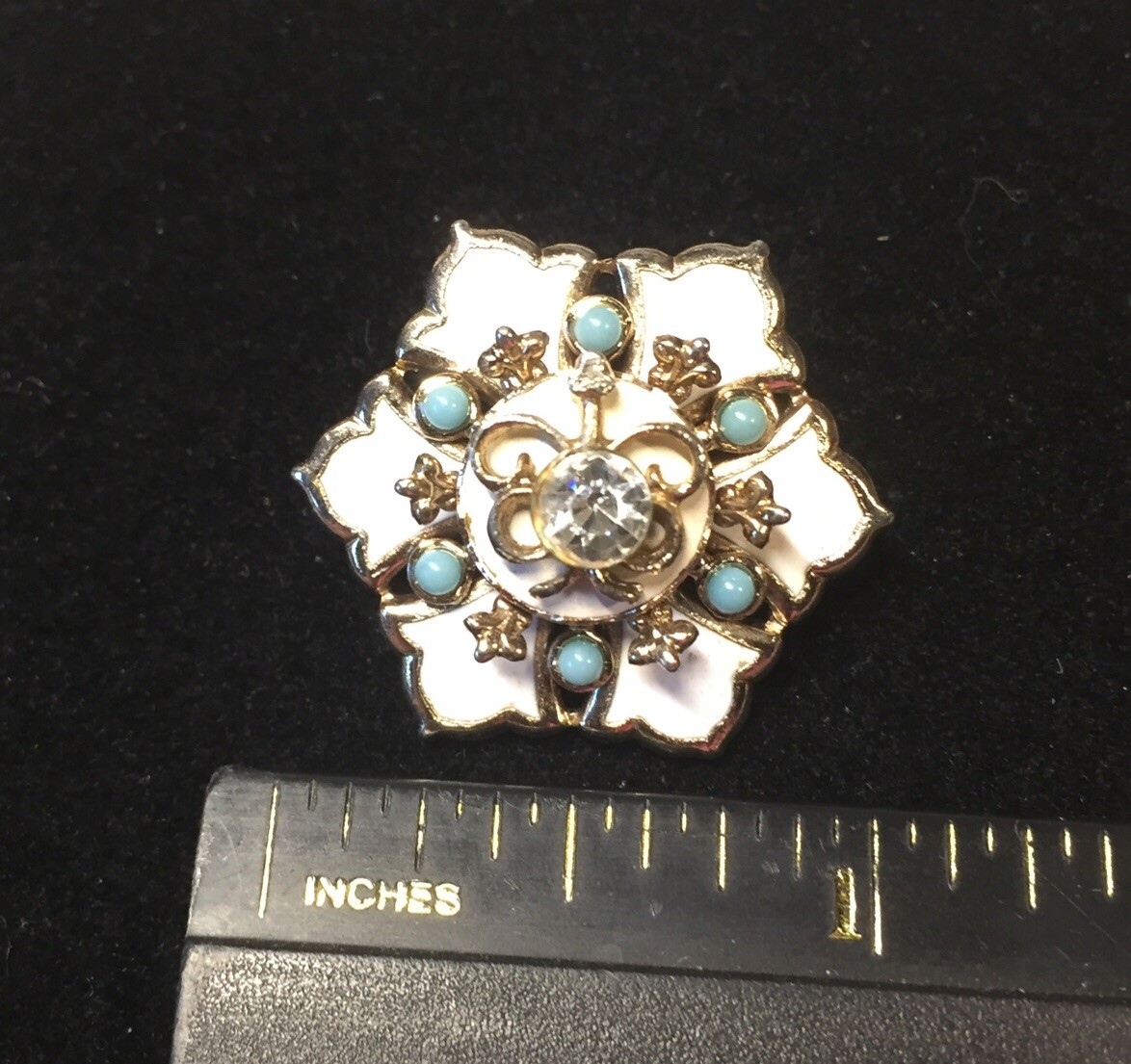 Vintage Rhinestone Enamel Turquoise Flower Brooch